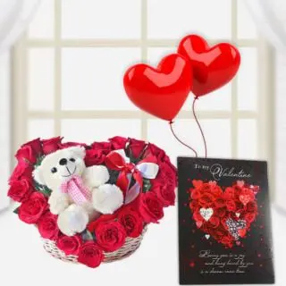cute teddybear sitting in a heart shape basket arrangement of 30 red roses with 2 heart shape balloons with valentine day card  