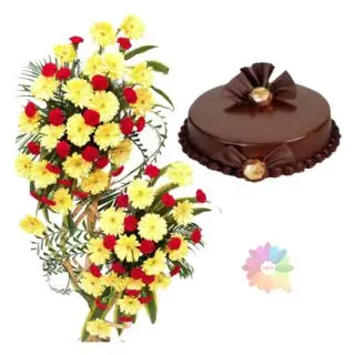 Designer exclusive arrangement of  80 gerberas and carnations of 3 feet height with 1 kg double chocolate cake