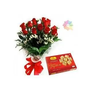 Bunch Of 6 Red Roses With 1 Kg Haldi Ram Sohan Papdi