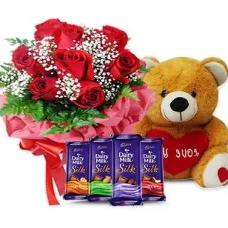 Elegant luk- 12 red roses with 1 feet height brown teddy bear with 4 dairy milk silk chocolates