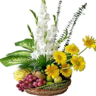 White Glads with Yellow Gerberas Beautifully Arranged in Basket