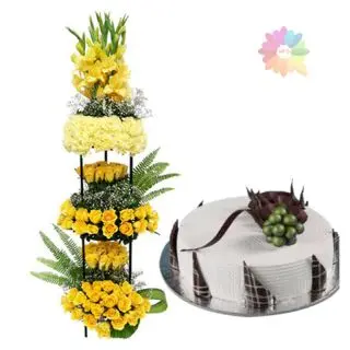 Exclusive arrangement of 100 yellow roses with yellow carnations of  3 feet height with 1 kg vanilla fresh cream cake