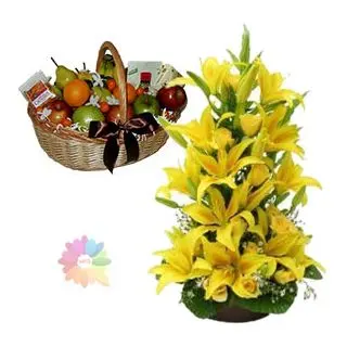 Exotic 2 feet height yellow lilies arrangement with 2 kg seasonal mix fruit basket