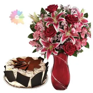 exotic arrangement of lilies and roses with 1 kg chocolate vanilla cake 