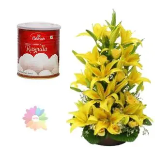 Exotic arrangement of yellow asiatic lilies with 2 feet height with 1 kg rasgullas