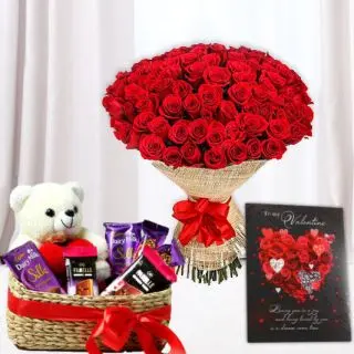 Exotic big bunch of 50 Red rose, cute teddy bear sitting in basket of assorted chocolates, with greeting card 