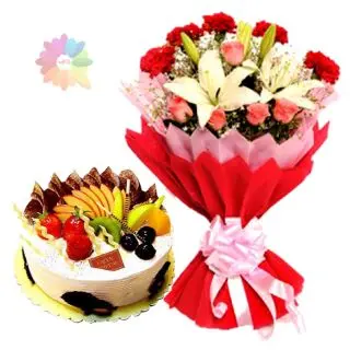Exotic Bunch of mix flowers including roses,lilies, carnations  with 1 kg mix fruit cake