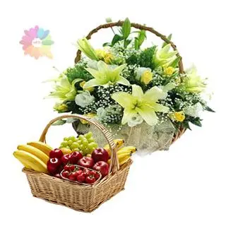 Exotic lilies and roses basket arrangement with fresh 3 kg seasonal fruit basket 