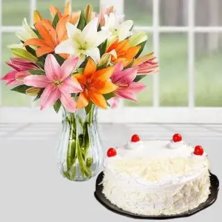 Exotic vase arrangement of 10 mix colour lilies with white forest cool cake 