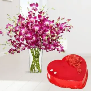 Exotic vase arrangement of 15 purple orchids with heart shape strawberry cake 