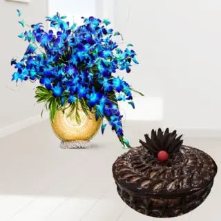 Exotic vase arrangement of 20 blue orchids with chocolate fudge cake 