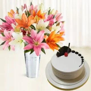 Exotic vase arrangement of mix colour lilies with vanilla cool cake 