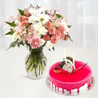 Exotic vase arrangement of mix flowers with strawberry cake 
