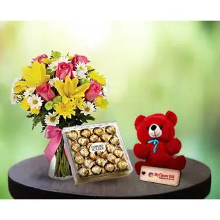  Mix flowers in glass vase with 6 inch teddy bear with 24 pcs ferrero rocher chocolate