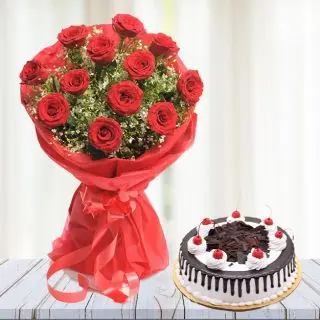 12 red roses bunch with 1 pound black forest cake