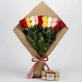 Bouquet of 18 mix roses with jute packing with box of 16 pcs ferrero rocher  chocolates 