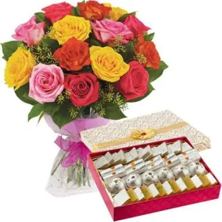 15 mix roses bunch with half kg Kaju katli Sweets