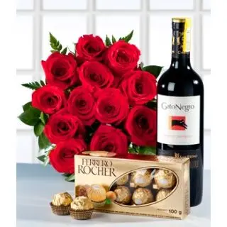 Full Of Triumph-16 pcs ferrero rocher box of chocolates with 12 red roses bouquet with bottle of champagne