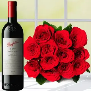 Bottle Of red Wine with Bunch of 12 red Roses