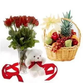  Red Roses Arranged in Glass Vase with Cute Teddy Bear