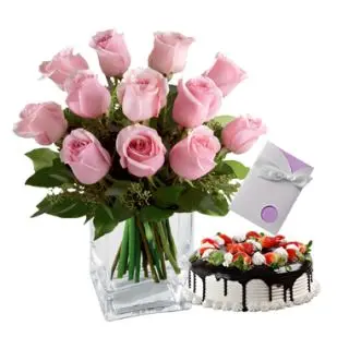 Gorgeous Pink-12 pink roses in glass vase with 1 pound premium black forest fresh cream cake