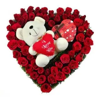 Heart Shape Arrangement of 50 Red Roses with teddy