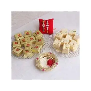 Haldiram mewa bytes sweets with soan papdi sweets with set of 2 rakhis and roli chawal 