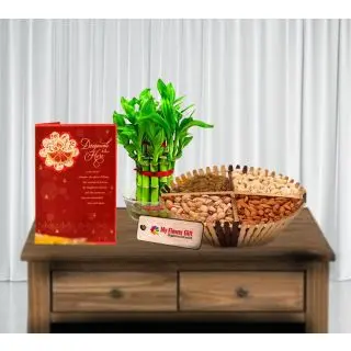 Assorted Dry fruits basket with 2 layer lucky bamboo plant and Diwali greeting card 