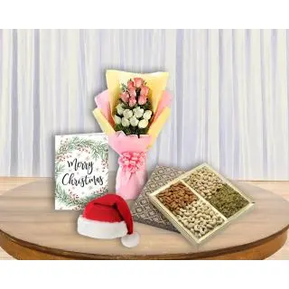 Half kg assorted dryfruits box, 15 pink and white roses bouquet, santa cap with christmas Greeting Card 