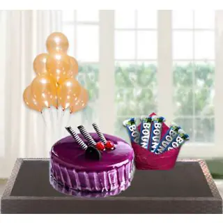  black currant premium quality cake with bunch of 5 blown balloons with pack of 5 bounty chocolates 