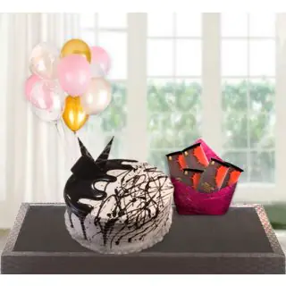 choco vanilla cake with pack of 5 bournville with bunch of 5 blown balloons 
