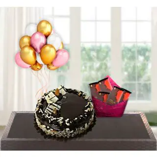  chocolate almond cake with pack of 5 bournville chocolates with bunch of 5 blown balloons 