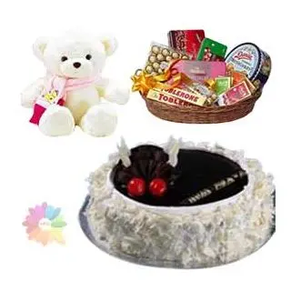 chocovanilla cake with chocolte hamper of premium chocoaltes with 1 feet height teddybear