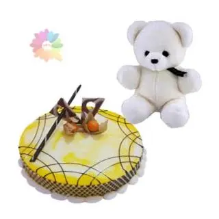  fresh cream pineapple cake with 6 inch white colour teddybear 