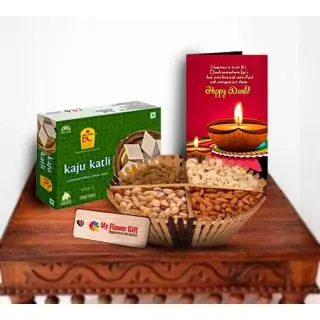Kaju katli Sweets, Basket of assorted Dry fruits with Diwali greeting card 
