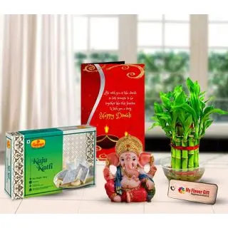 Kaju katli sweets, Ganesha Idol, 2 layer lucky bamboo plant with Diwali greeitng card