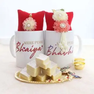 half kg kaju katli sweets with bhaiya bhabhi rakhi arranged in set of 2 photo mugs 