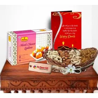 Motichoor Laddoo,  Dry Fruits basket with greeting card 