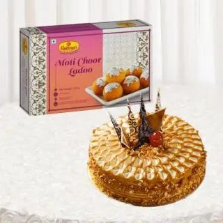 Half kg Motichoor laddu with half kg premium butterscotch cool cake 