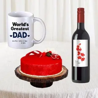 half kg red velevt cake , bottle of wine with photo mug 