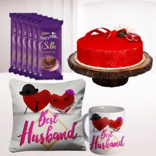 Half kg red velvet cake, set of 6 dairy milk silk chocolates with set of photo mug and photo cushion 