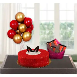  red velvet cake with 5 blown balloons with pack of 5 bournville dark chocolates 