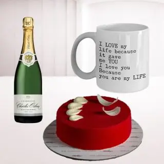 Half kg Red velvet cool cake, Photo mug with bottle of champagne 