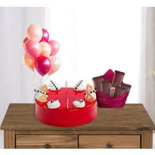 strawberry cake with bunch of 10  blown balloons with pack of 5 temptations chocolates 