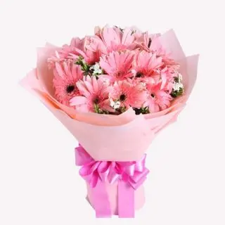 Hand bouquet of 12 pink gerberas 