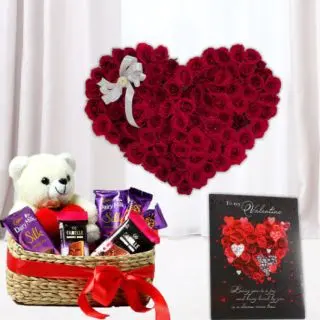 heart shape arrangement of 100 red roses, basket of assorted chocolates with teddybear sitting in it , with valetine card 