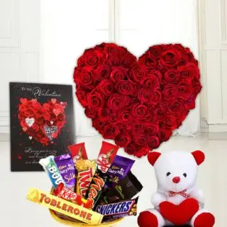 Heart shape arrangement of 30 red roses, 6 inch white teddy bear, basket of assorted chocolates, valentine day card 
