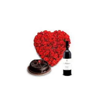 Heart shape arrangement of 30 red roses with Half kg chocolate truffle cake with bottle of red wine 