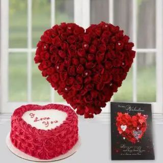 Heart shape arrangement of 40 red roses , 1 kg heart shape red velvet cake, with valentine greeting card