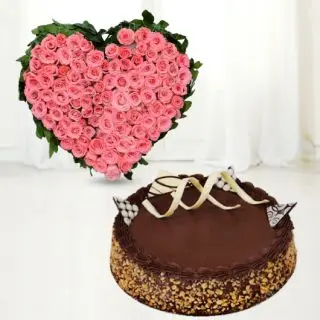 Heart shape arrangement of 50 pink roses with half kg chocolate walnut cool cake 